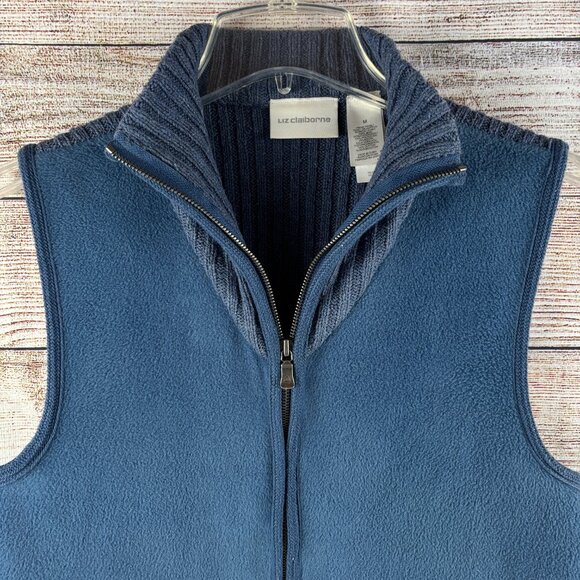 Liz Claiborne Fleece Ribbed Vest Full Zip Mock Neck Cotton Blend Blue Medium - Picture 2 of 11